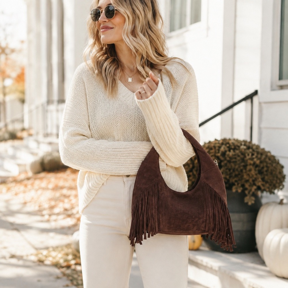 Universal Thread Brown Faux Suede Fringe Crescent Handbag Boho Hobo Bag NWT - Picture 1 of 5